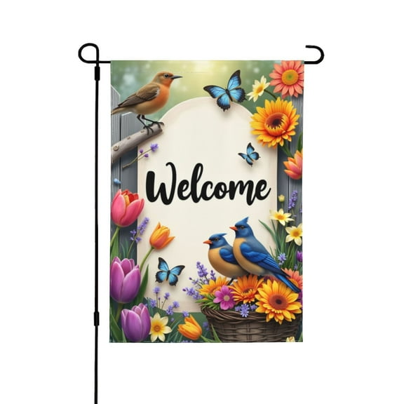 Garden Flag 12X18 Inch Double Sided Birds And Color Blooms Spring Summer Floral Basket Butterfly Yard Outdoor Flag House Holiday Outside Decoration