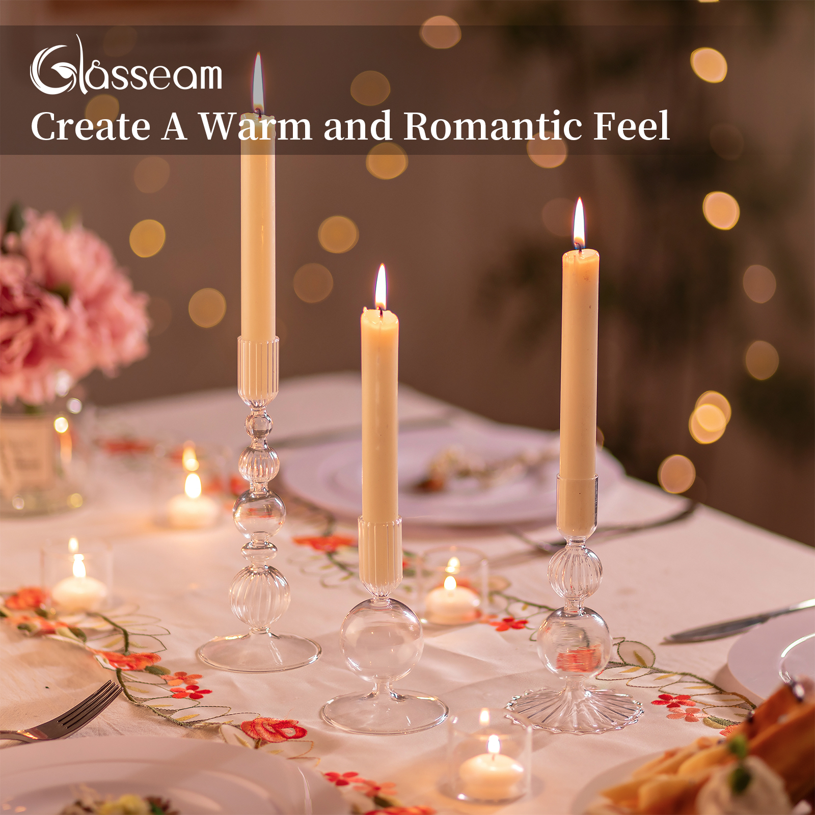 Glasseam Set of 3 Clear Glass Taper Candle Holders: Modern Christmas Wedding Table Centerpiece Decorations Ideal Gift Idea