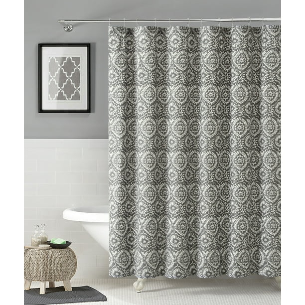 100% Cotton Fabric Shower Curtain: Silver and White Floral Medallion ...