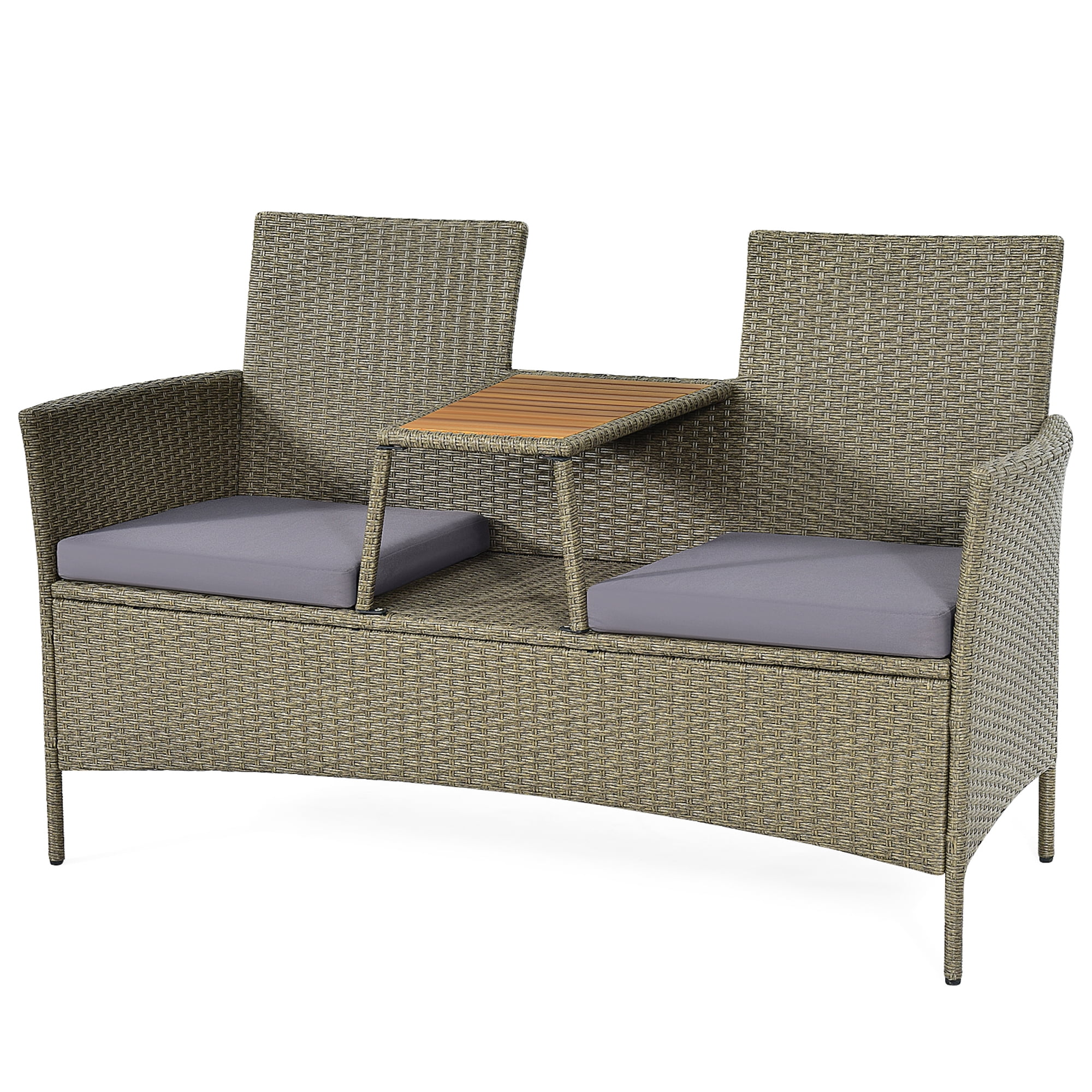 Gymax Patio Rattan Loveseat Outdoor 2-Person Conversation Set w/ Built-in Table