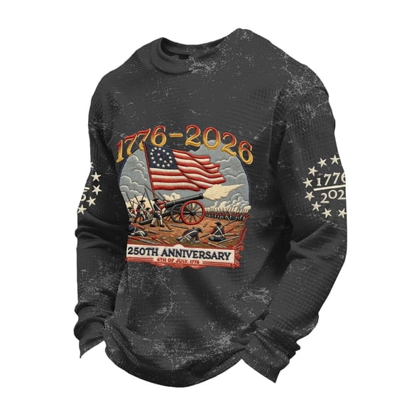 Curuila Mens 250 Anniversary Usa Shirt Crew Neck Long Sleeve Print Patriotic Comfortnable Tee Black Size L