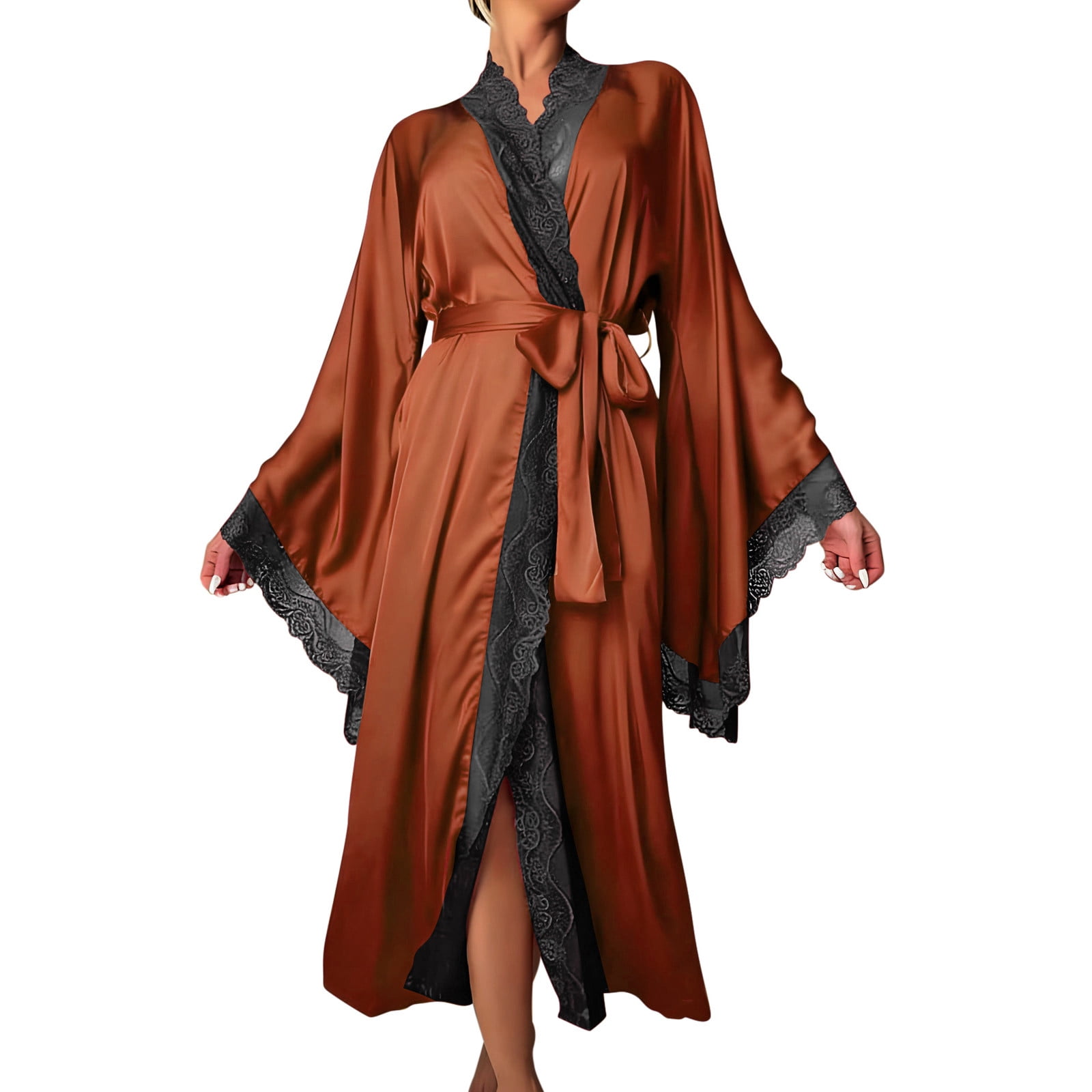 Gaexia Women s Satin Bathrobe Elegant Lace Long Sleeve Robe Soft Comfortable Nightgown Loungewear Housecoat For Home Relaxation Daily Leisure Wear