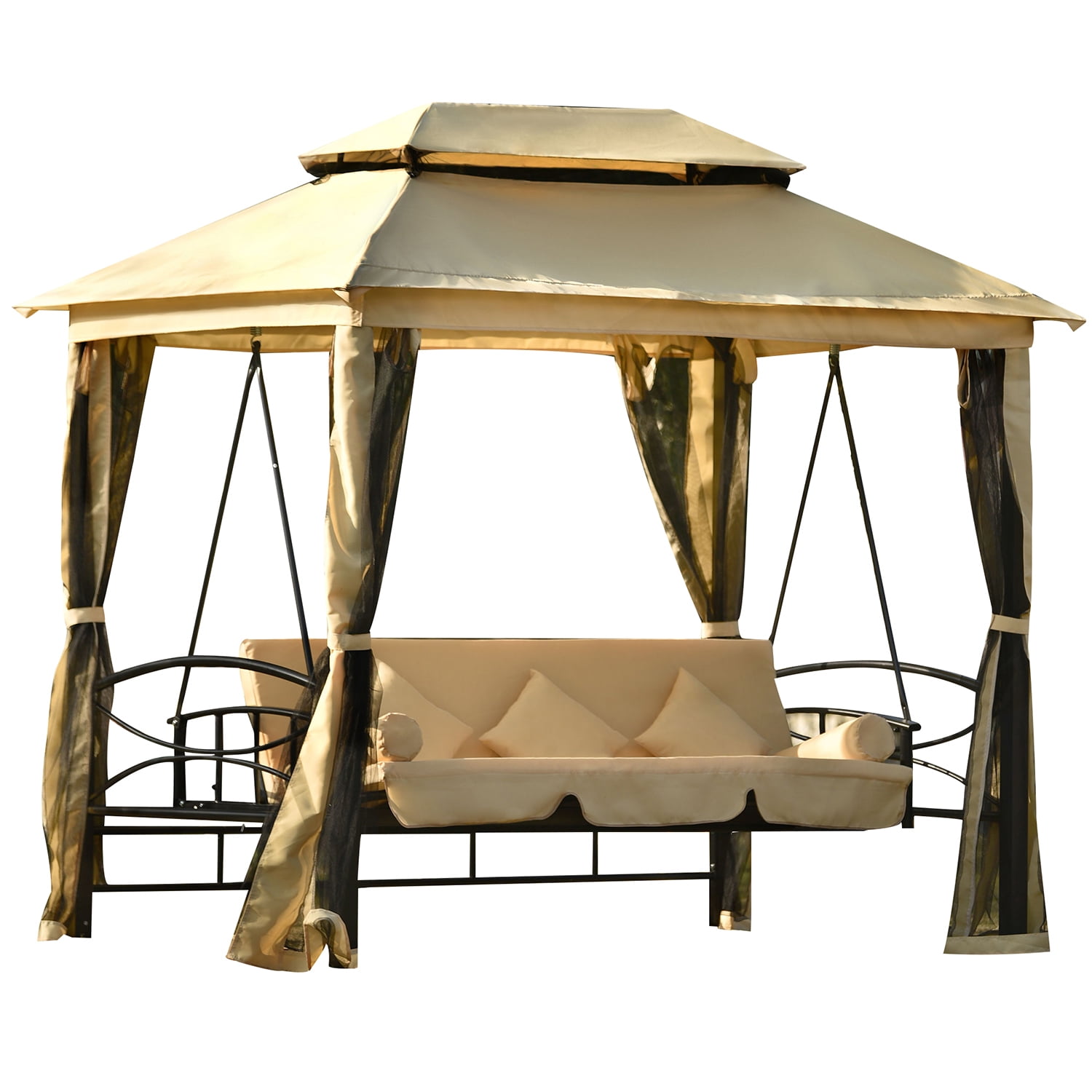 Kadyn Outdoor Canopy Gazebo, Double Roof Soft Canopy with Convertible Swing Bench and Mosquito Netting Suitable, khaki Backyard Gazebo Kadyn Outdoor Canopy Gazebo, Double Roof Soft Canopy with Convertible Swing Bench and Mosquito Netting Suitable, khaki Backyard Gazebo
