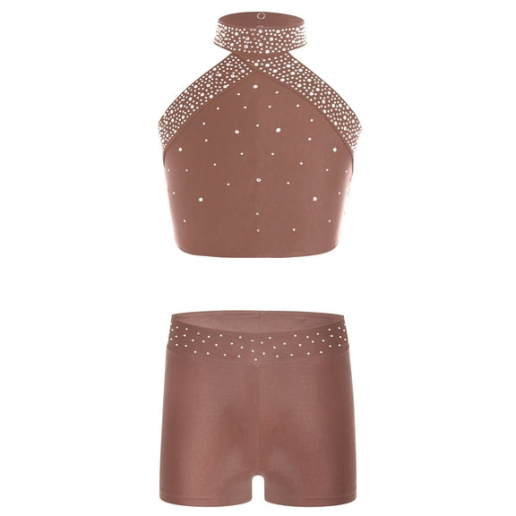 Haitryli Girls 2 Piece Shiny Gymnastics Outfit Halter Backless Top with Shorts Figure Ice Skating Dance Set for Kids Dusty Pink 6