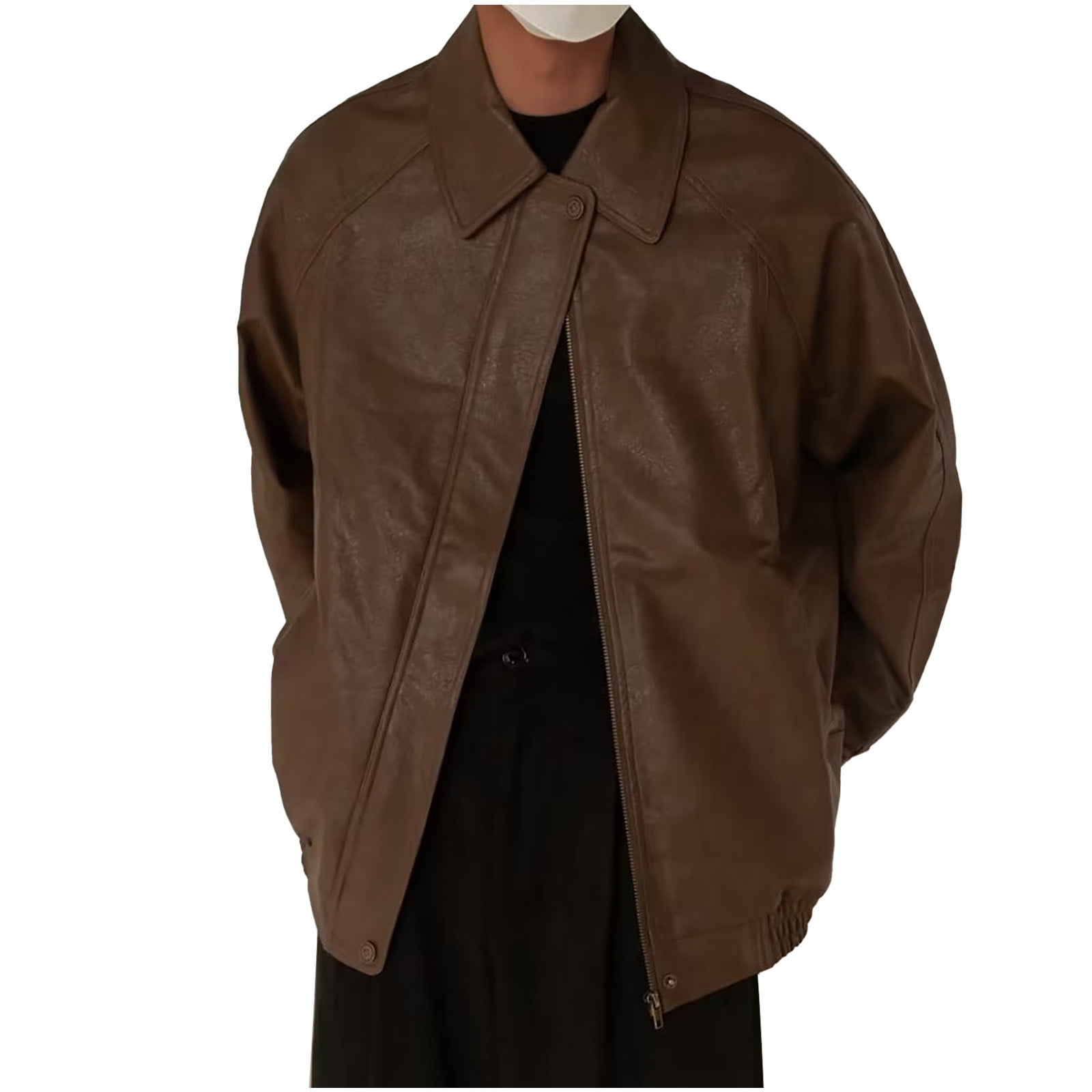 Awdenio Leather Jacket for Men Zipper Classic Vintage Button Loose Fit Lapel Collar Heavyweight Windproof Motorcycle Jacket Coat