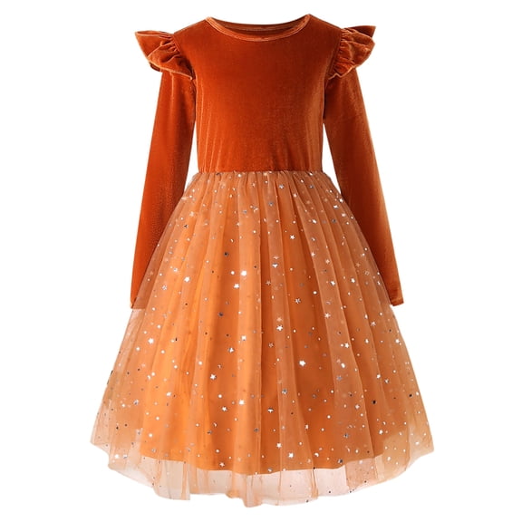 HCNTES Toddler Girls Tutu Dresses Long Sleeve Ruffle Fall Winter Holiday Star Sequin Dress(Q111-Orange,7-8 Years)