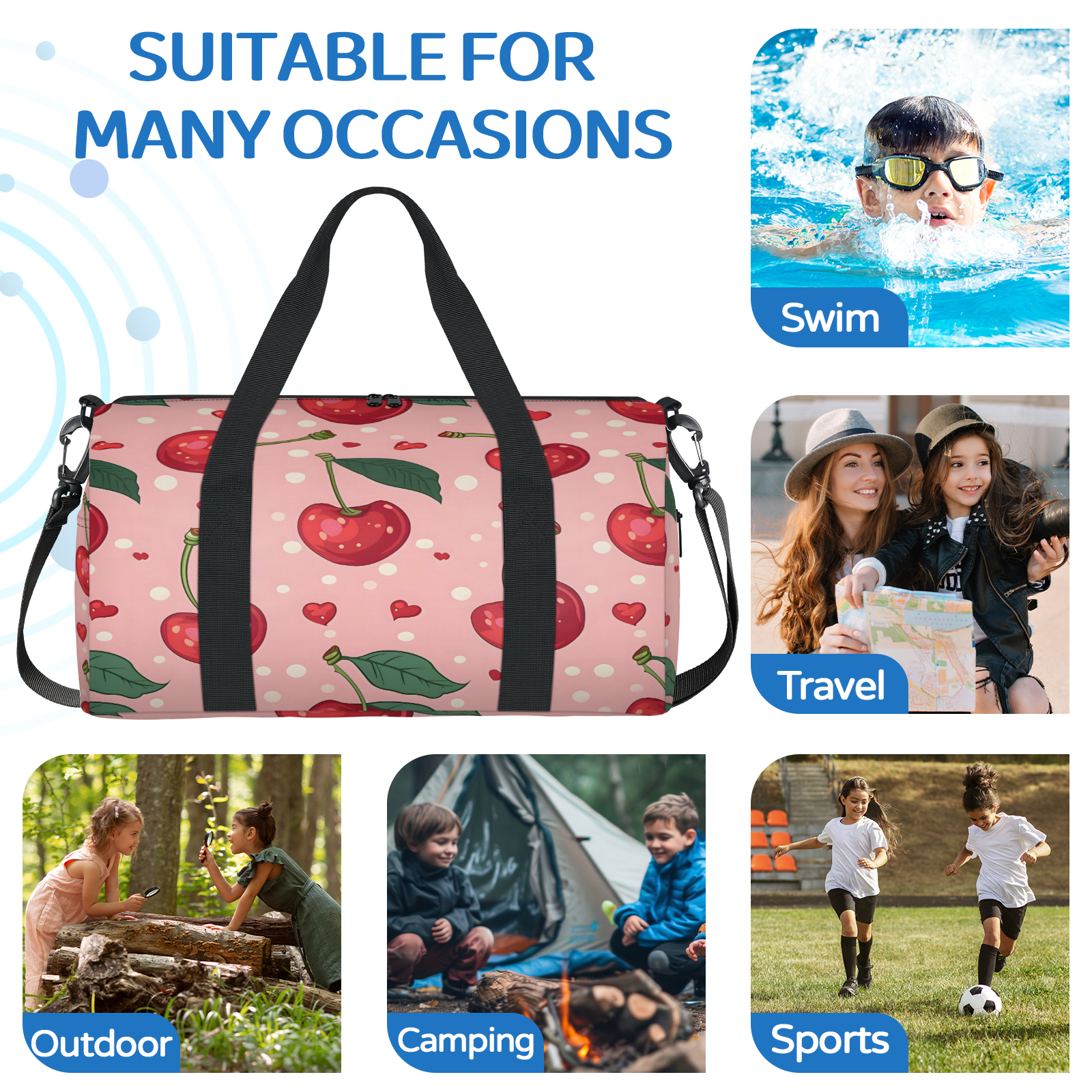Herdesigns Cherry Travel Duffle Bag Sports Yoga Weekender Overnight Carry on Workout Bags Lightweight Waterproof Gym Tote Bag for Women