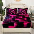 thumbnail image 2 of Black Hot Pink Abstract Full Sheets Gradient Square Bed Sheets, Geometry Grid Fitted Sheet Full Neon Checkered Bed Set Glowing Plaid Bedding 3D Modern Bedroom Decor 3pcs (Deep Pocket)，No Top Sheet, 2 of 5