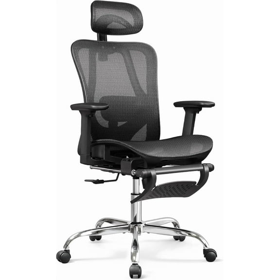 Hyxoo Ergonomic Mesh Office Desk Chair, Retractable Footrest and Adjustable Lumbar Support, Comfy High Back Reclining Computer Gaming Chair, Tilt Function, Heavy Duty, SGS Class 4 Gas Lift-Black