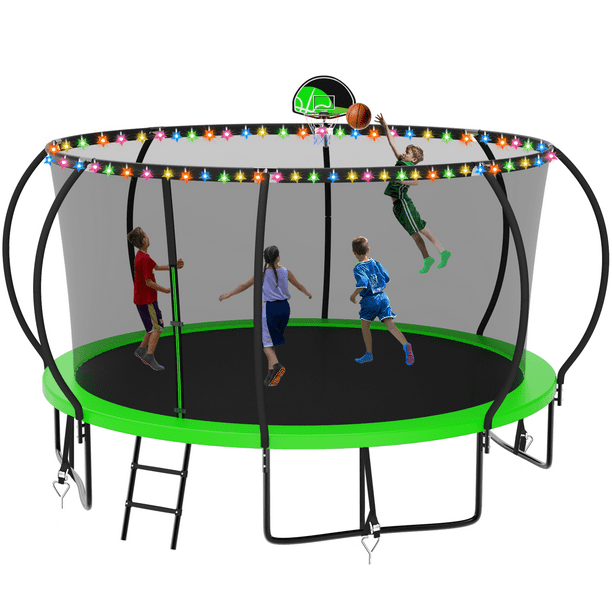 OFLAN 1400LBS 14FT Trampoline with Basketball Hoop, Christmas Lights