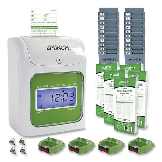 Workwell UB1000 Electronic Non-Calculating Time Clock Bundle LCD Display, Beige & Green