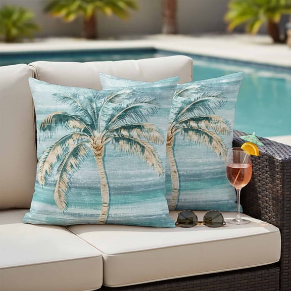 Outdoor Pillow Covers,Watercolor Palm Tree Beach Theme Decorative Throw Pillow Cover Waterproof Pillowcase Set of 2,Linen Cushion Case for Sofa Couch Bed 18x18 Inch,Tropical Plant Teal