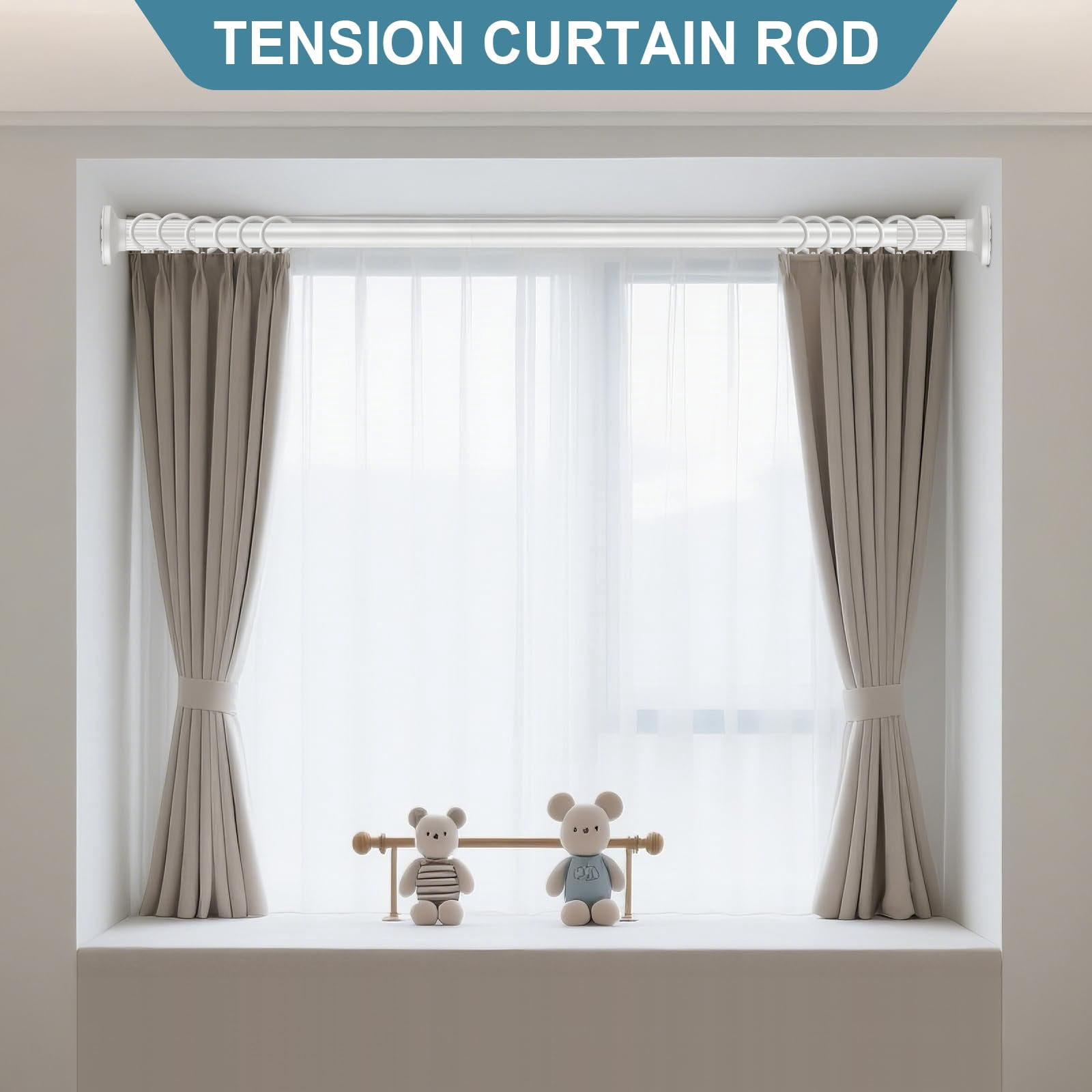 VEGCOO Tension Curtain Rod 51-148 Inch (4.25-12Ft), Extra Long Outdoor Tension Curtain Rod for Patio, Adjustable Shower Curtain Rod No Drilling, Spring Tension Rod for Bathroom Window, Easy to Instal