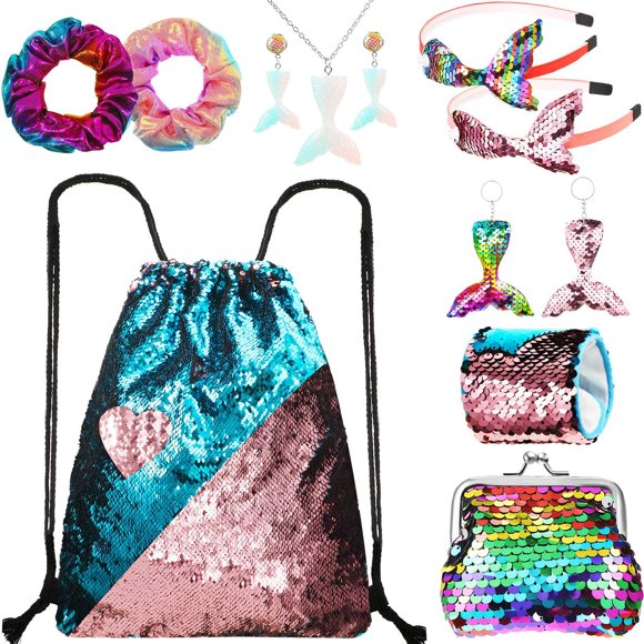 12 Pieces Mermaid Drawstring Backpack Set Include Mermaid Reversible Sequin Drawstring Backpack, Mermaid Headband, Head Rope, Earrings Necklace Bracelet and Keychain Wallet for Girl Birthday Party