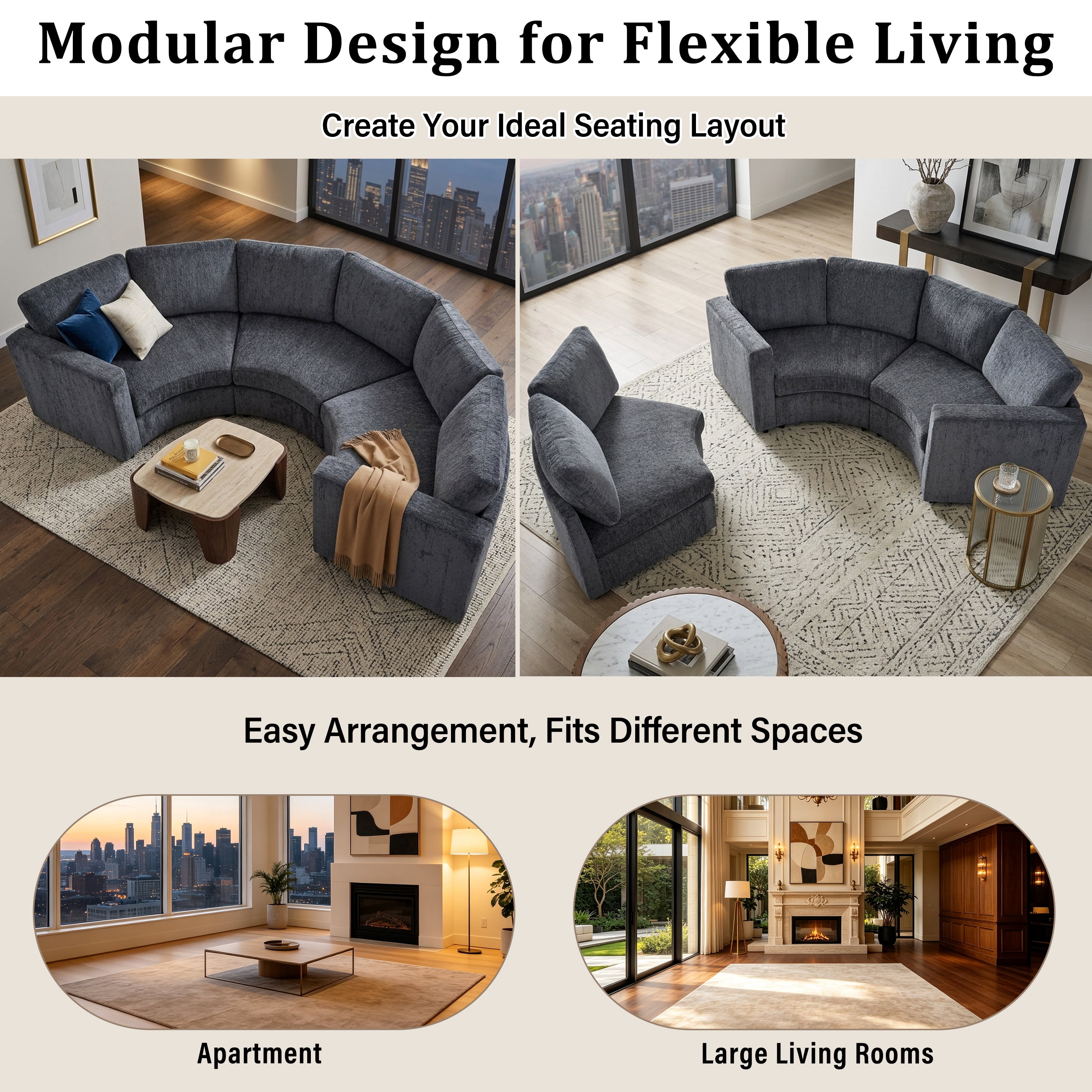 Wakefit 109.4" Curved Modular Sectional Sofa,3 Seat Semi Circular Chenille Couch with Deep Seating,Modern Round Conversation Sofa with Solid Pine Wood Frame Living Room,Grey