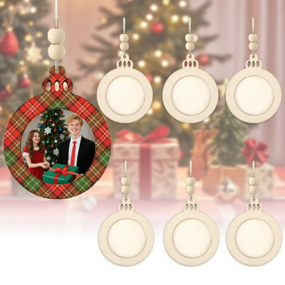 6pcs Wooden Christmas Photo Frame Ornaments with Bells, DIY Picture Frame Decor for Christmas Tree Hanging, New Year Party Decoration