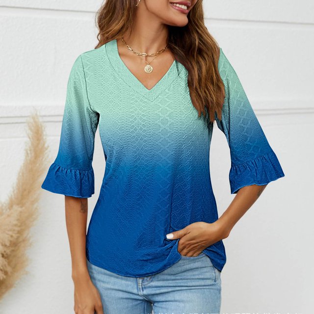 TACILIP 3/4 Sleeve Womens Tops V Neck Blouse Dressy Fall Fashion Tunic Fall Tees Spring Summer Outfits