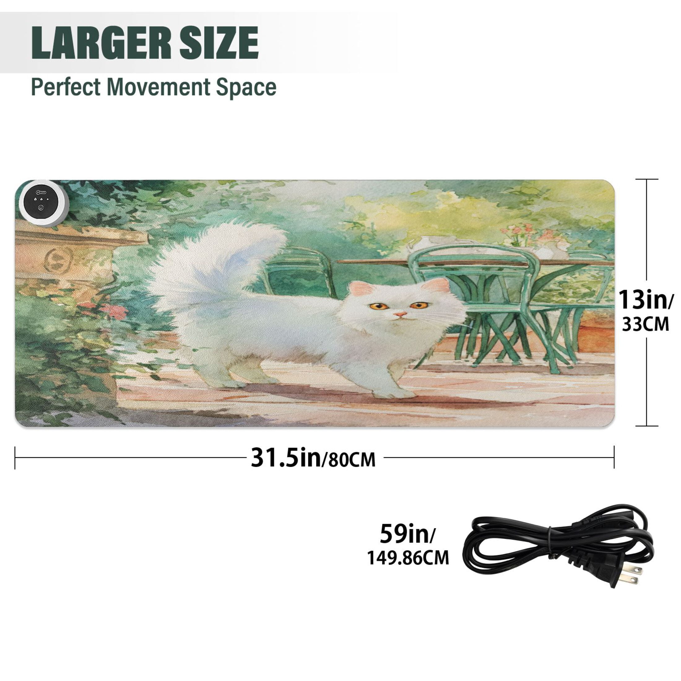 Large Heated Desk Mat Mouse Pad 31.5"x13"PU Leather Graphene Heating Desk Warmer with 3 Temperature Settings 110V US Plug Non-Slip Warm Pad for Home, Office, and Gaming Watercolor White Persian Cat