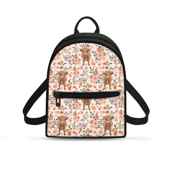 HELLHERO Highland Cow Floral Print Womens Shoulder Backpack Waterproof Mini Backpack for Shopping Work, Polyester Lightweight Small Backpack