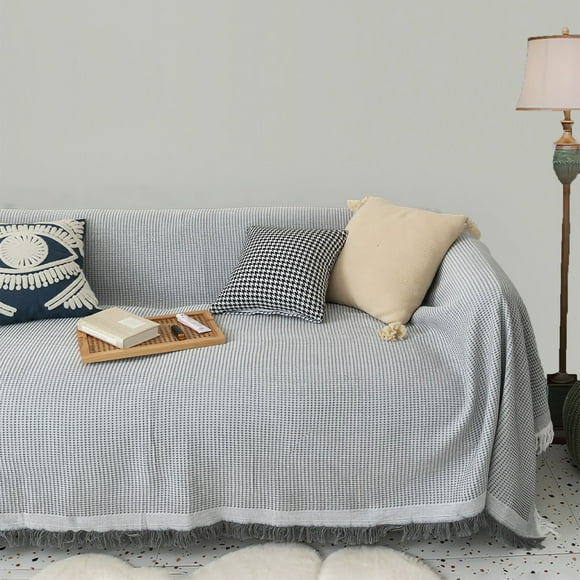 Q VITA 100% Cotton Sofa Slipcover – 1-Piece Washable Cover for Loveseats, 3–4 Seat, L-Shape & Sectional Couches – Light Grey, Textured, Breathable, 91"x108", Designed in Canada
