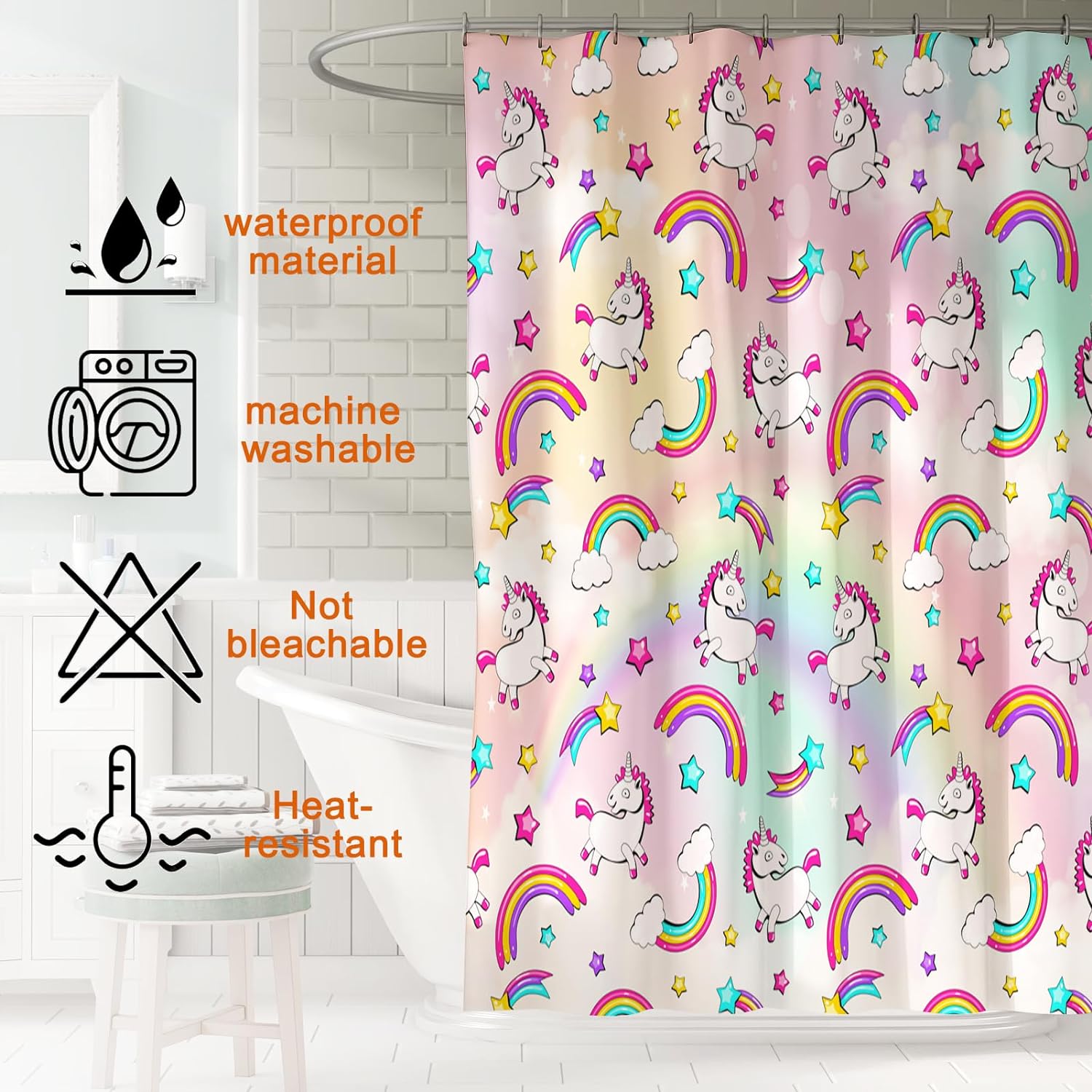 4 Pcs Kids Bathroom Set Pink Unicorn Rainbow Shower Curtain Sets with Non-Slip Rugs Toilet Lid Cover and Bath Mat Set, Kids Girl Bathroom Decor with 12 Hooks