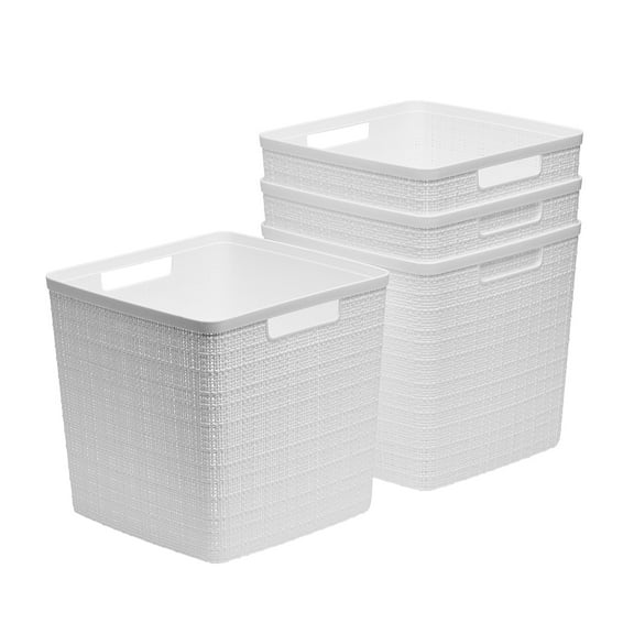 Curver Set of 4 Jute Basket Cube Durable Resin Organization and Storage Basket Bin, White