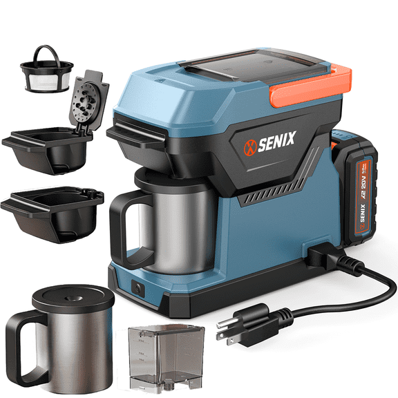 SENIX Coffee Maker, 20V Cordless & 120V AC Portable Single Serve Coffee Machine, Compatible with Ground Coffee, Pods & Capsules, for Travel, Camping, RV & Office