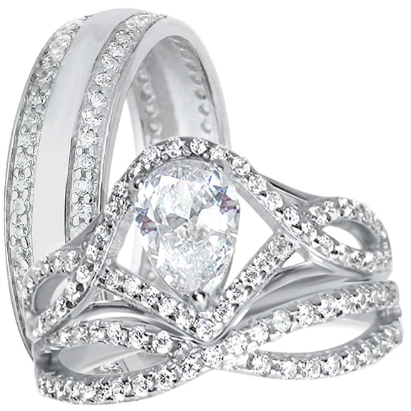 Sparkle Jewels Pear Cut CZ His & Her Wedding Trio Ring Set 14K White Gold Finish