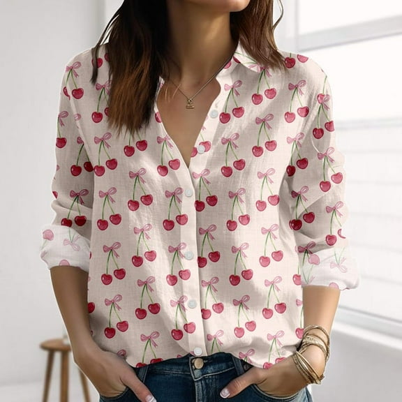 Cherry Linen-Look Shirt, Fruit Print Women Shirt, Summer Cherry Blouse Tops Women, Nature Love Casual Shirt, Summer Gifts Women
