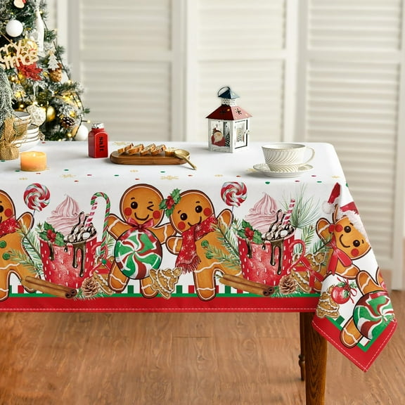 Christmas Tablecloth 60×84 Inch Rectangular, Gingerbread Man Cute Christmas Bear Ball Ornaments Washable Table Cover for Party Picnic Dinner Decor