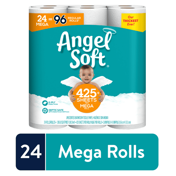 Angel Soft Toilet Paper, 24 Mega Rolls = 96 Regular Rolls, 2-Ply Bath Tissue