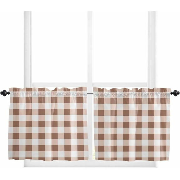 Brown White Plaid Kitchen Curtain 24 Inch Length Small Short Cafe Tiers Curtains Drape, Gradient Geometric Buffalo Checkered Window Treatment Rod Pocket Drapery Panels Curtains, 27.5x24