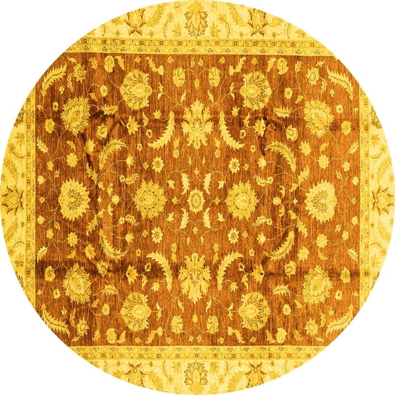 Ahgly Company Machine Washable Indoor Round Oriental Yellow Traditional Area Rugs, 6' Round