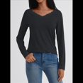thumbnail image 4 of Camisetas con Cuello en V para Mujer, Blusas de Encaje de Larga, Holgadas, Elegantes e Informales, para Otoño e Invierno, A . Negro M, 4 of 8