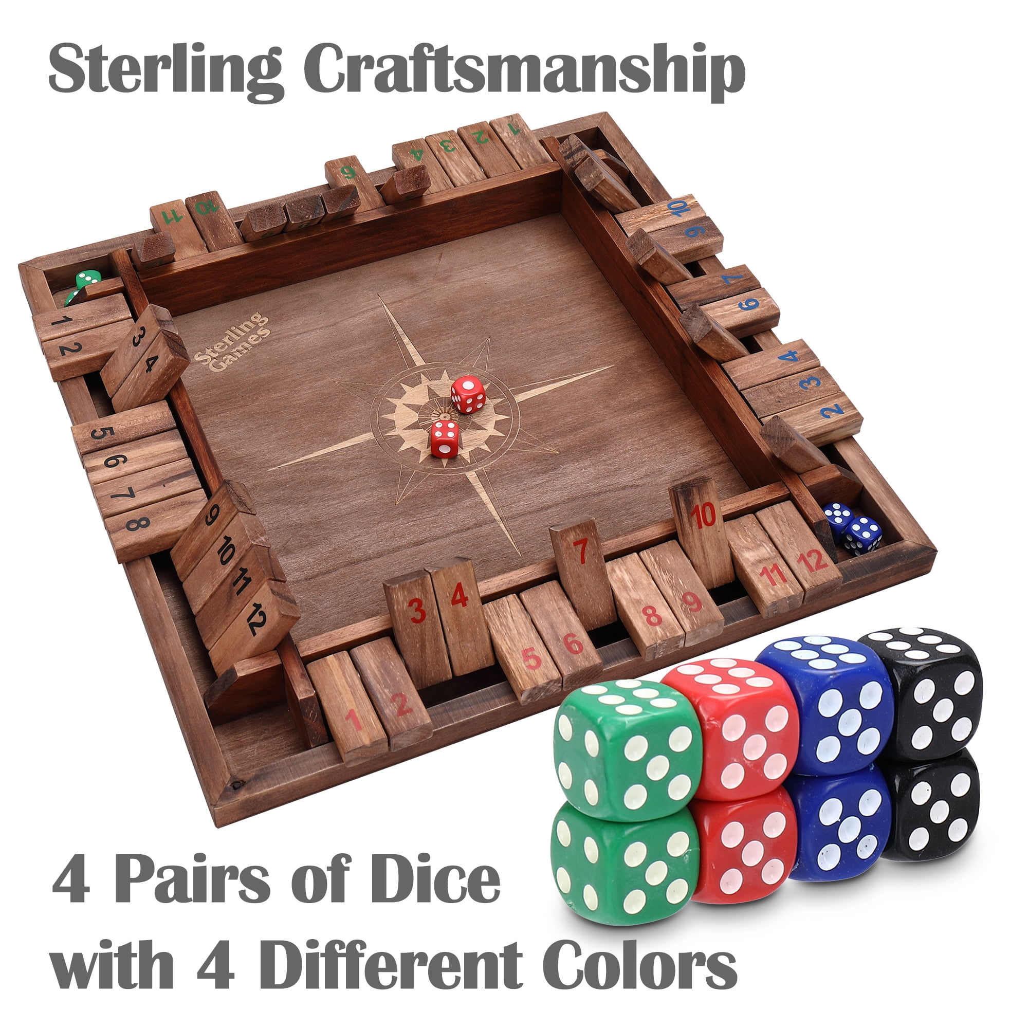 Sterling Games 12" Shut The Box Game for 4 Players with Nautical Themed Wooden Game Board