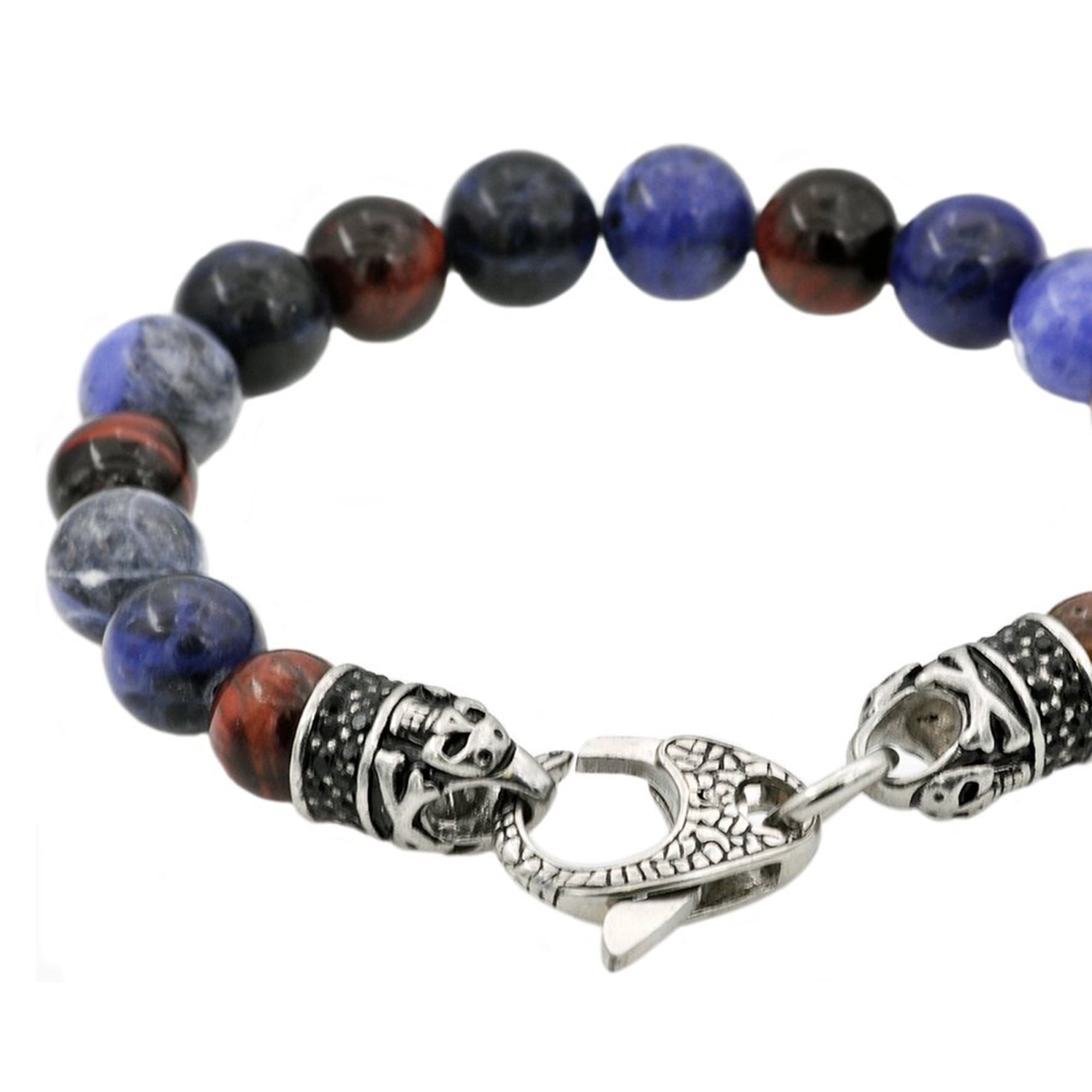Arista Genuine Red Tiger's Eye and Sodalite Beaded Men's Bracelet in Stainless Steel, 8.50"