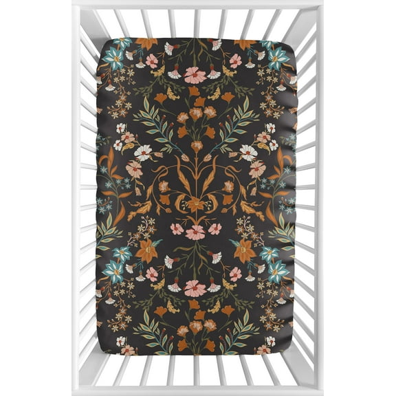 Sweet Jojo Designs Boho Floral Wildflower Black and Orange Girl Mini Fitted Crib Sheet