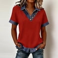 thumbnail image 1 of TaTaai Women's Summer Solid Color Lapel Button Denim Splicing Short Sleeve Sweatshirts Loose Casual All Match Pullover Tops Tees Gift, 1 of 6
