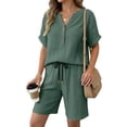 thumbnail image 4 of GZWYHT Linen Pant Sets Women 2 Piece Outfits，Cotton Short Sets For Women Bohemian Sets Sweatsuit Lounge Set Womens Beach Vacation Set Cotton Summer Sets For Women Green M, 4 of 9