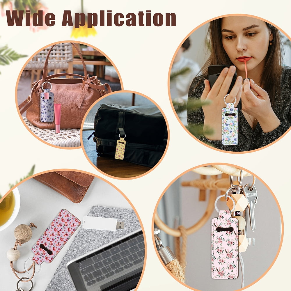 50 Pcs Flower Chapstick Holder Key Chain Lipstick & Lip Balm Keychain with Metal Ring Portable Neoprene Lip Gloss Holder Keychain Travel Essential Pocket Inspirational Gift
