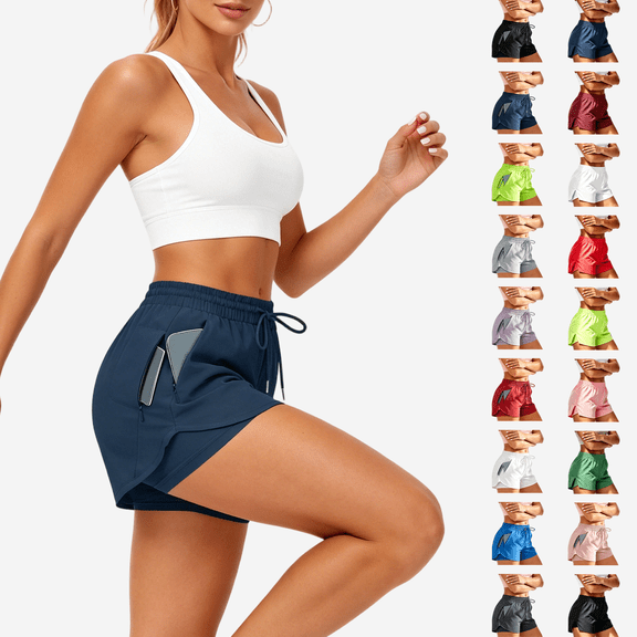 Women's High Waisted Gym Running Shorts with Pocket, 95% Polyester 5% Spandex, Mid Waisted Liner Shorts, Athletic Fitness Sports Shorts, Workout Running Gym Shorts | VerBelle,Blue L