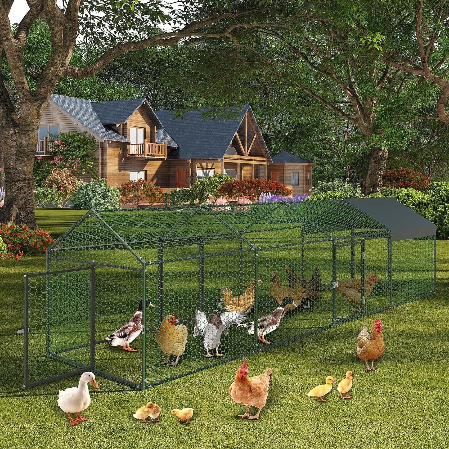 ChaoLink Large Metal Chicken Coop with Waterproof & Anti-UV Cover – 160x40x40 Inches Outdoor Hen House with 4 Doors for Yard, Rabbit, Duck & Goose
