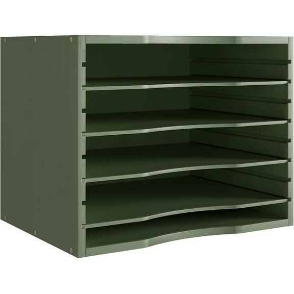 Bamboo 5 Tier Desktop Organizer, Paper Organizer Mail Sorter, File Holder Letter Document Storage with Adjustable Shelves for School Home Office, Forest Green