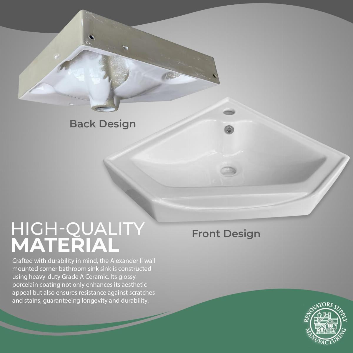Modern Wall Mount Bathroom Corner Sink Alexander II White Porcelain Sink w/Overflow Renovators Supply
