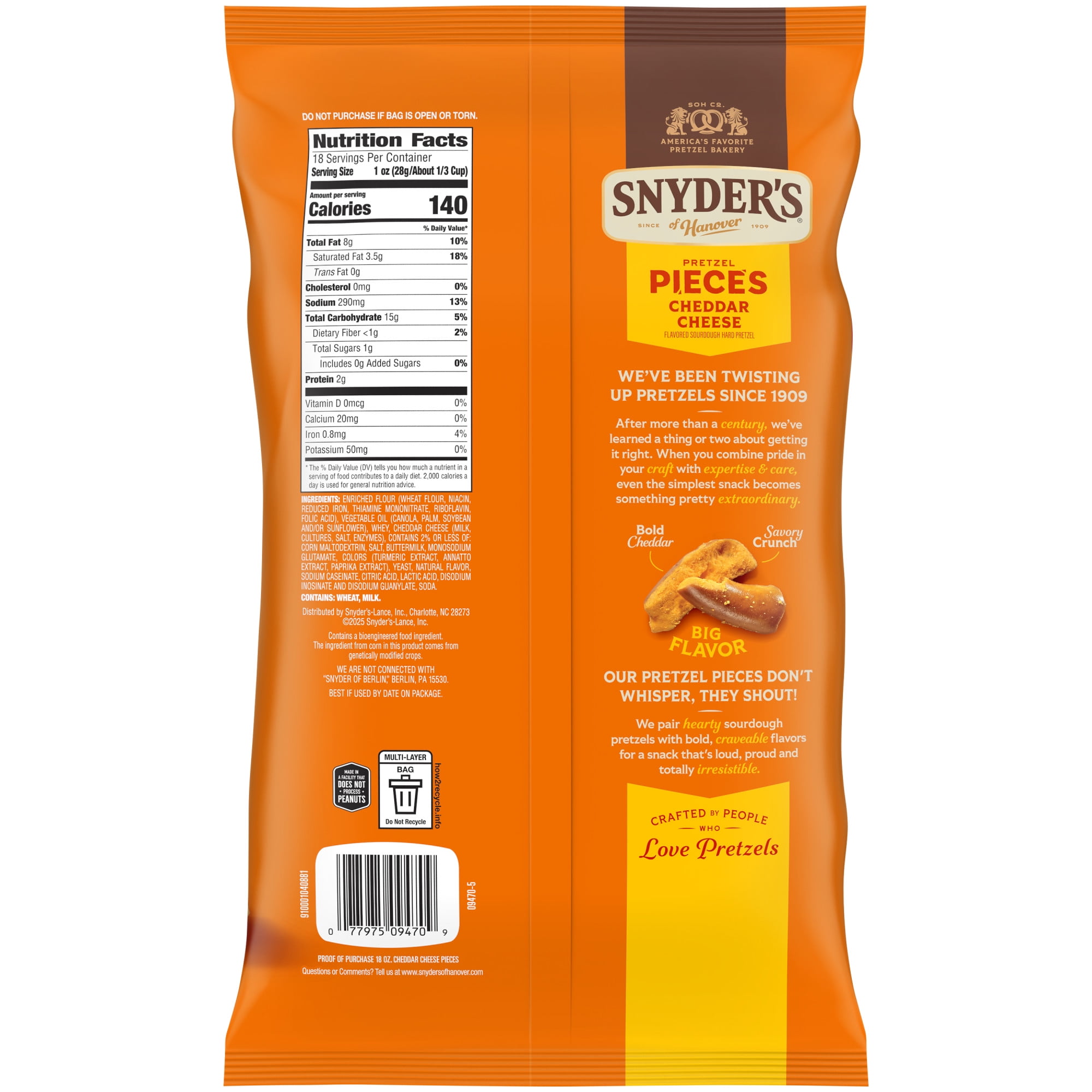 (2 pack) Snyder's of Hanover Cheddar Cheese Flavored Pretzel Pieces, 18 oz