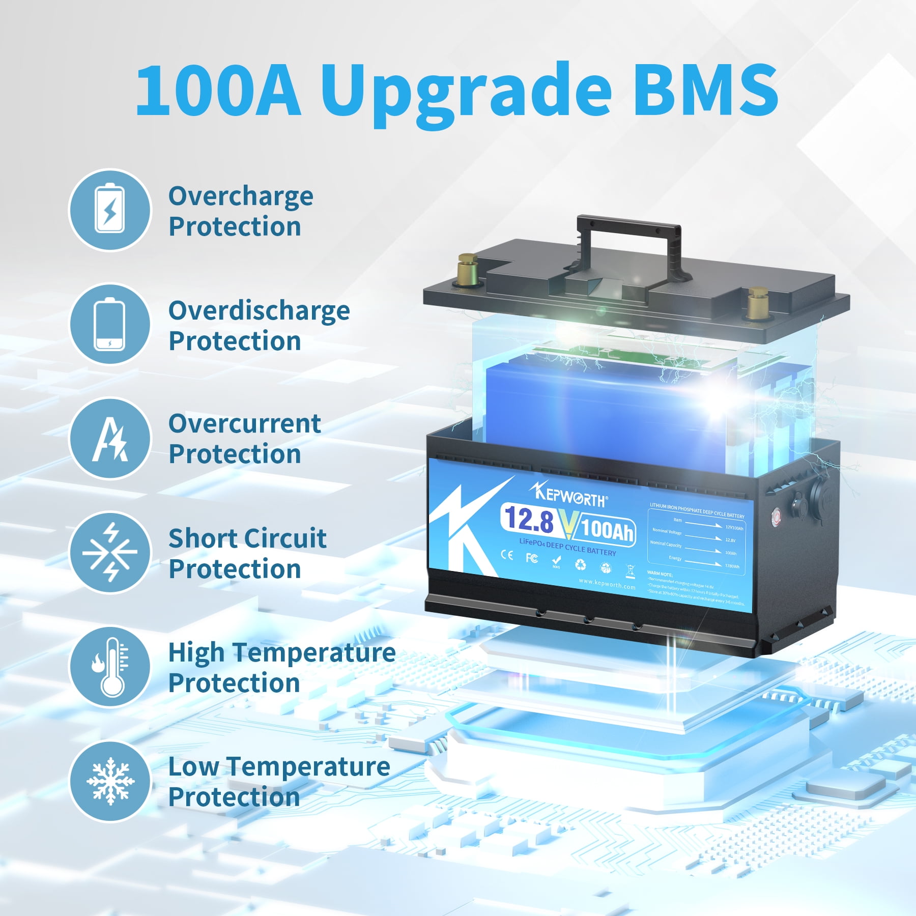 KEPWORTH LiFePO4 Battery 12V 100Ah, Deep Cycle Lithium Battery