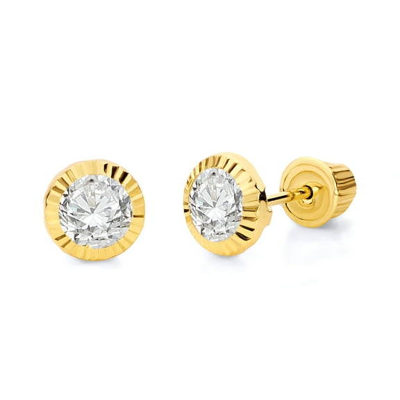 Wellingsale 14K Yellow Gold Polished 4mm Round Solitaire Diamond Cut Stud Earrings With Screw Back