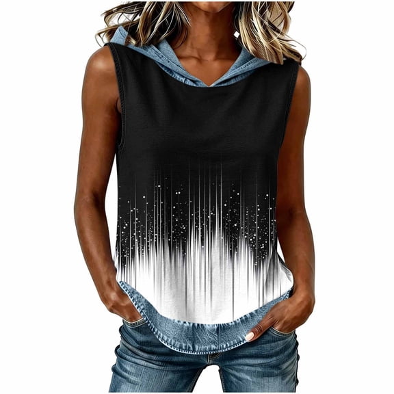 Erwazi Hooded Tops for Women Summer Sleeveless Denim Printed Vest Outdoor Activities Casual Jeans Tunic Top