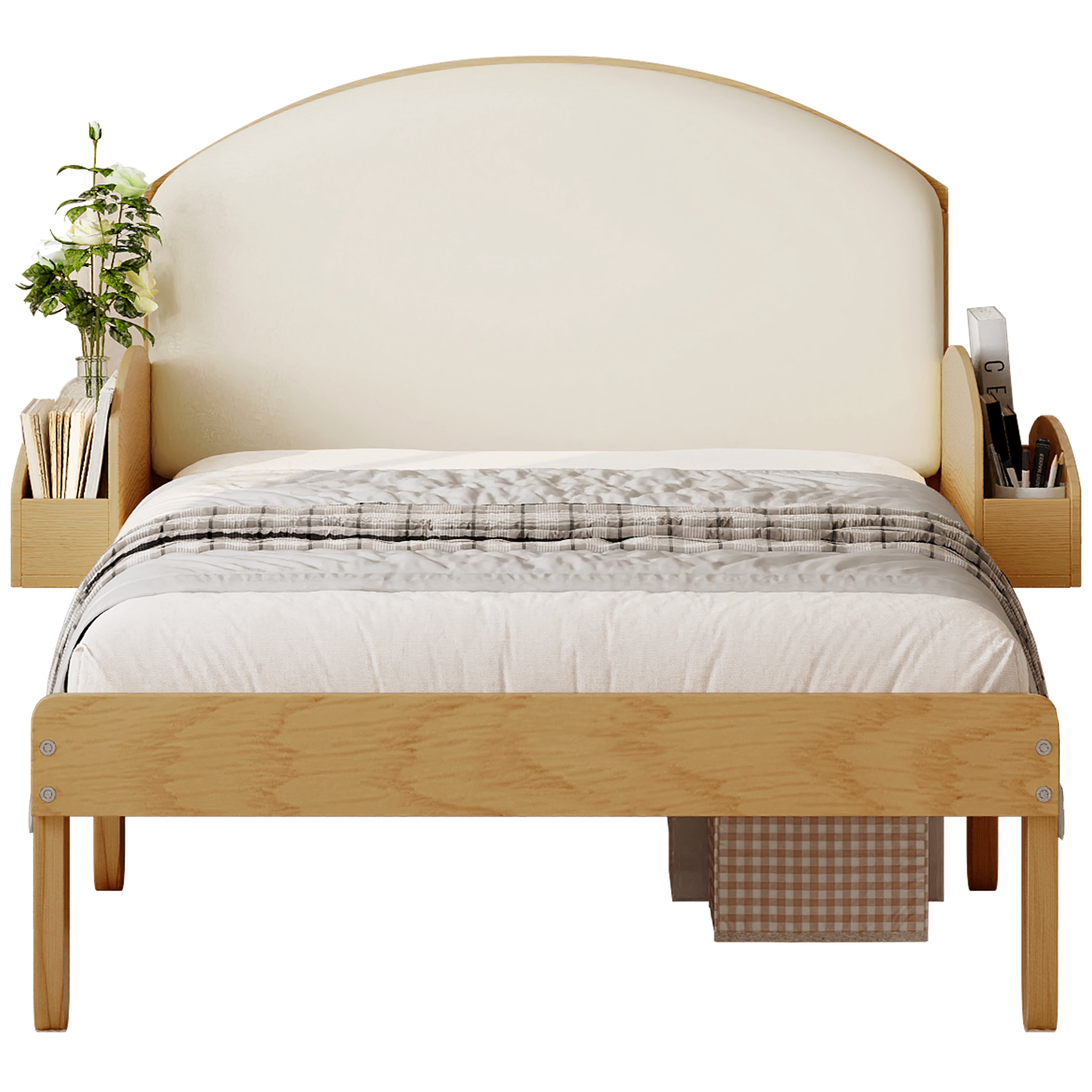 Euroco Twin Size Platform Bed with Upholstery Headboard, Wood Bed Frame with Storage Shelves, No Box Spring Needed, Natural