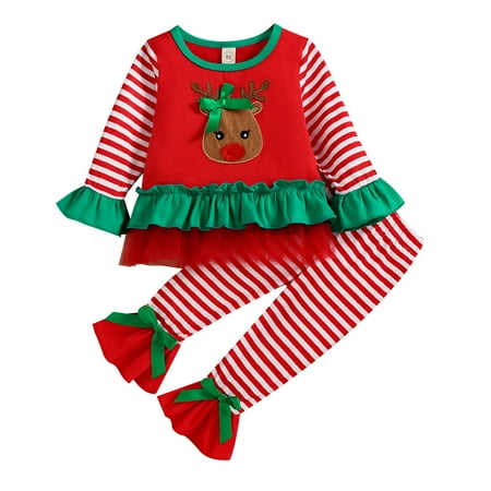 

AIMAOMI Toddler Girls Christmas Long Sleeve Cartoon Embroidered T Shirt Tops Striped Prints Bell Bottoms Flare Pants Kids Outfits H